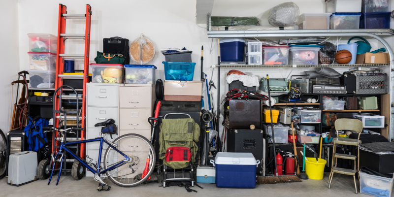 A garage storage space filled to capacity.